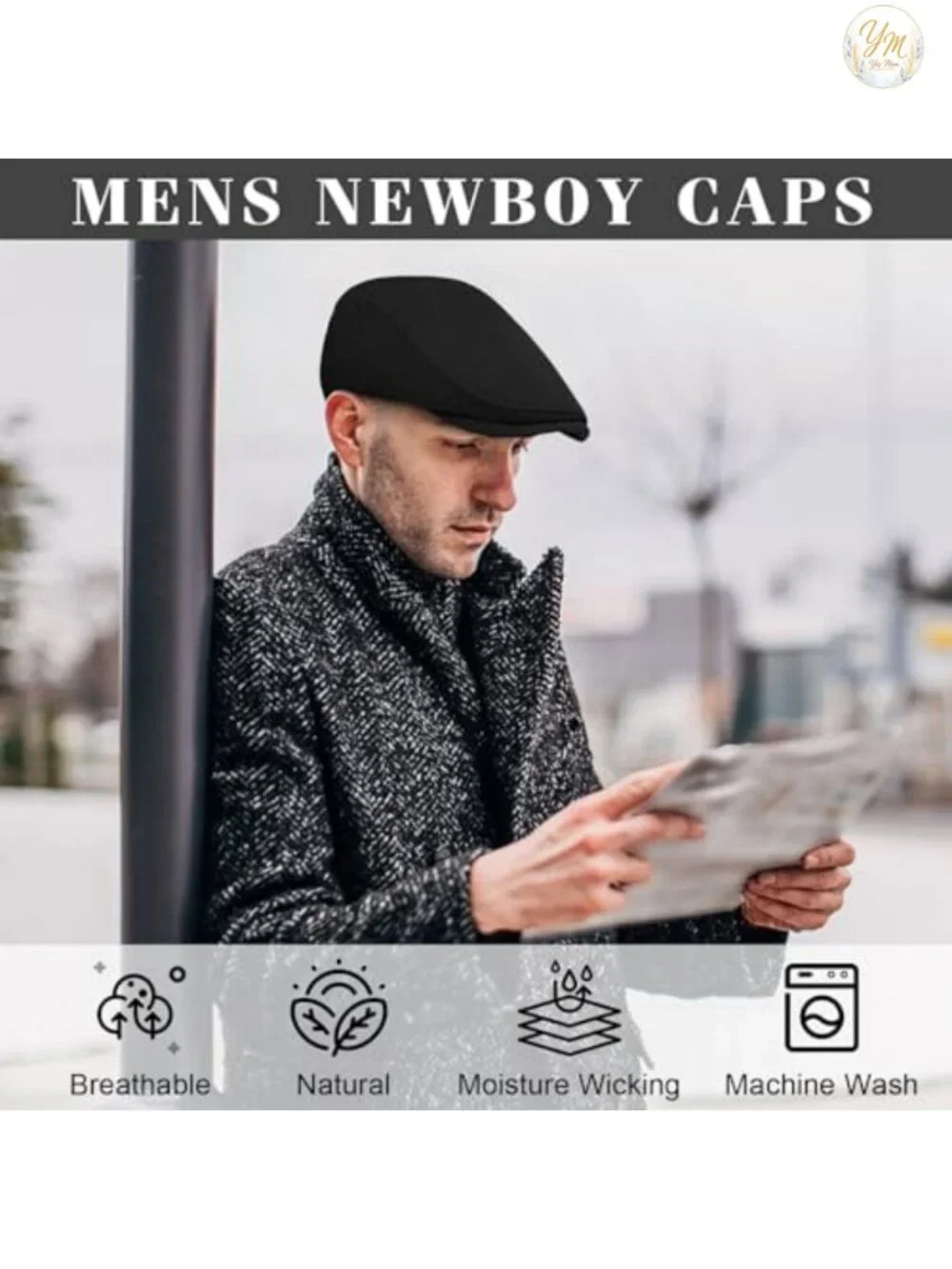 2 Pack Newsboy Cap for Men, Classic Herringbone Flat Cap with Adjustable Fit